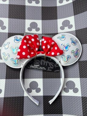 Disney Aldi Minnie Mouse White Holographic Ear Headband with Red Polka Dot Bow